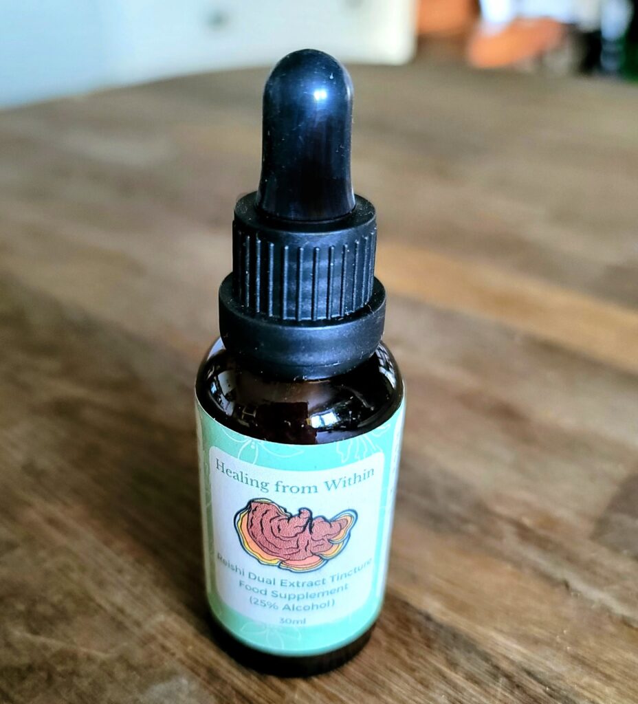 Reishi Mushroom Tincture in Amber Glass Dropper bottle, handcrafted herbal extract for calm, sleep and stress support