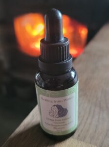 An amber dropper bottle of Chaga Mushroom tincture on a wooden bench with a fiery glow behind
