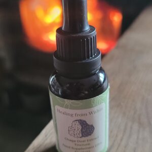 An amber dropper bottle of Chaga Mushroom tincture on a wooden bench with a fiery glow behind
