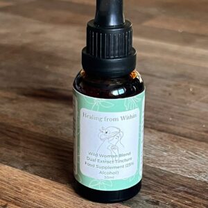 Wild ~Woman Bland mushroom tincture in an amber glass dropper bottle, handcrafted herbal remedy
