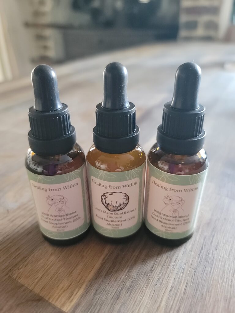 Wild Woman Blend Starter Kit featuring two Wild Woman Blend Tinctures and one Lion's Mane tincture in amber glass dropper bottles