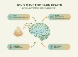 Diagram showing how Lion's Mane supports Nerve Growth Factor and Gut Health 