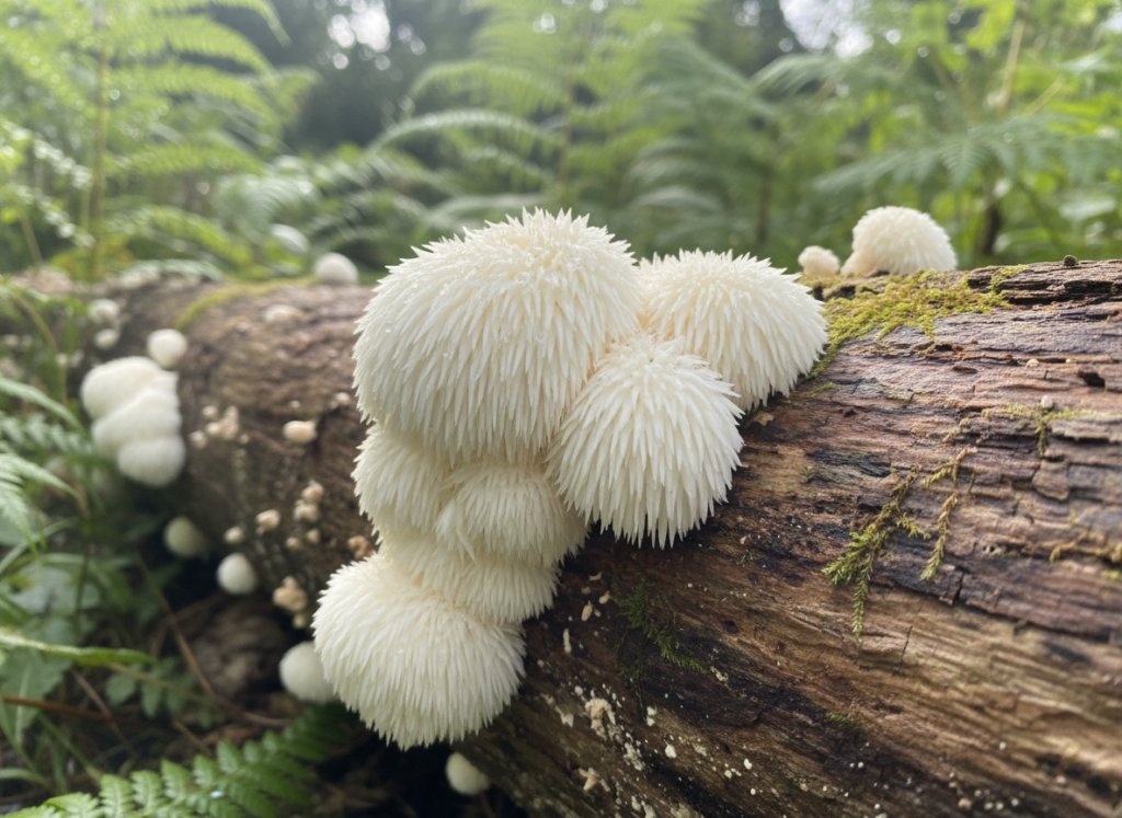 Lion's Mane fruiting body on a log