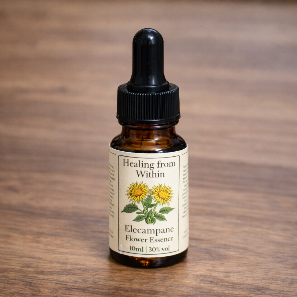 Amber glass dropper bottle of Elecampane flower essence with a cream label and botanical illustration, photographed on a wooden surface in natural light.