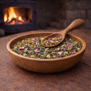 Relax and unwind herbal tea blend hand blended in a wooden bowl with chamomile flowers, lemon balm, lavender buds and rose petals, photographed by a fire log burner in natural light.