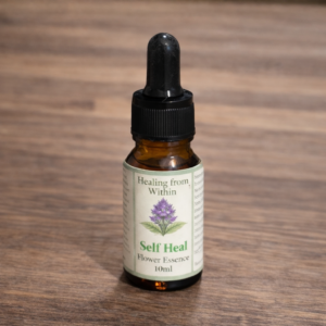 Amber glass dropper bottle of Self Heal flower essence with a cream label and botanical illustration, photographed on a wooden surface in natural light.