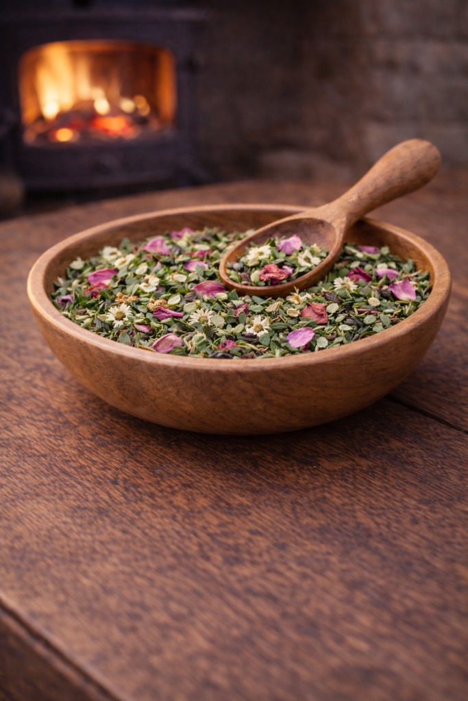 Calm and Soothe herbal tea blend hand blended in a wooden bowl with rose petals, chamomile, lemon balm and lavender, photographed by a fire log burner in natural light.