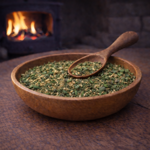 Digest & Ground herbal tea blend hand blended in a wooden bowl with fennel seeds, peppermint leaf and lemon balm, photographed by a fire log burner in natural light.