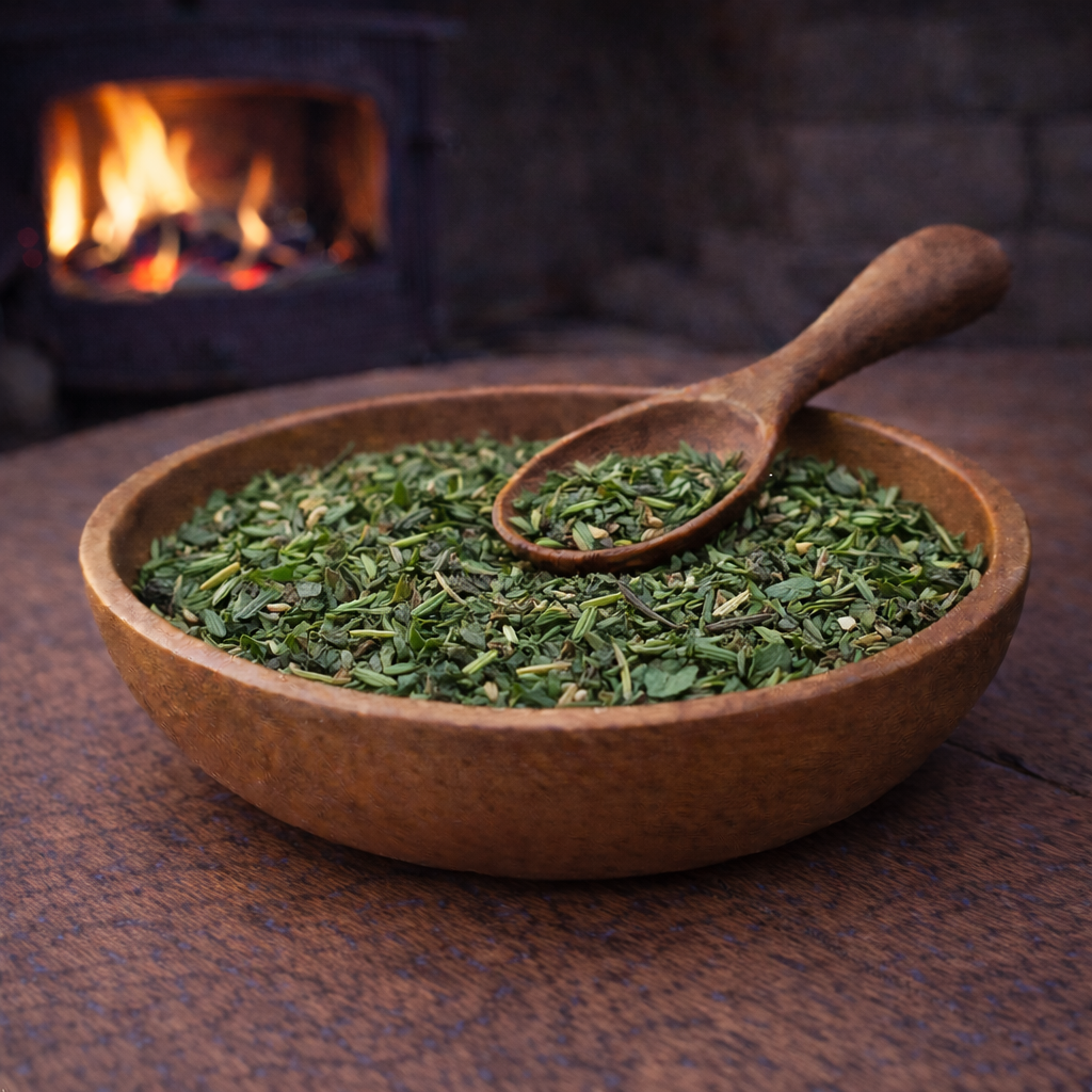 Everyday Focus herbal tea blend hand blended in a wooden bowl with rosemary needles, peppermint leaf and lemon balm, photographed by a fire log burner in natural light.