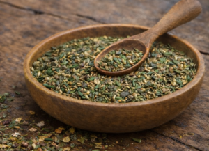 Wooden bowl filled with loose leaf Forest Calm herbal tea, with a wooden spoon resting inside, photographed on a rustic wooden table in soft, natural light.