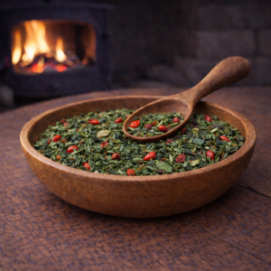 Immune Boost herbal tea blend hand blended in a wooden bowl with nettle leaf, peppermint, lemon balm and rose hips, photographed by a fire log burner in natural light.