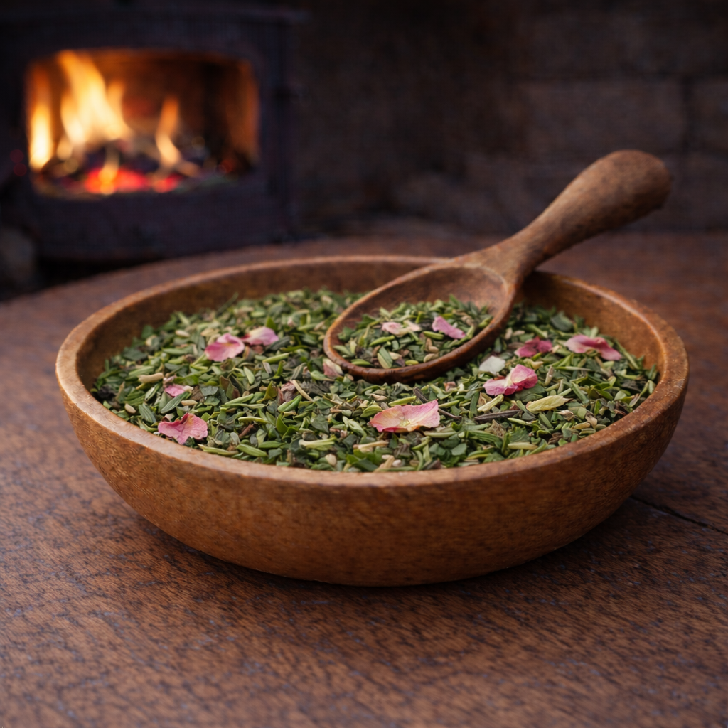 Everyday Nourish herbal tea blend hand blended in a wooden bowl with nettle leaf, lemon balm and rose petals, photographed by a fire log burner in natural light.