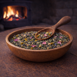 Sweet Dreams herbal tea blend hand blended in a wooden bowl with chamomile flowers, mugwort leaf, lavender buds and rose petals, photographed by a fire log burner in natural light.