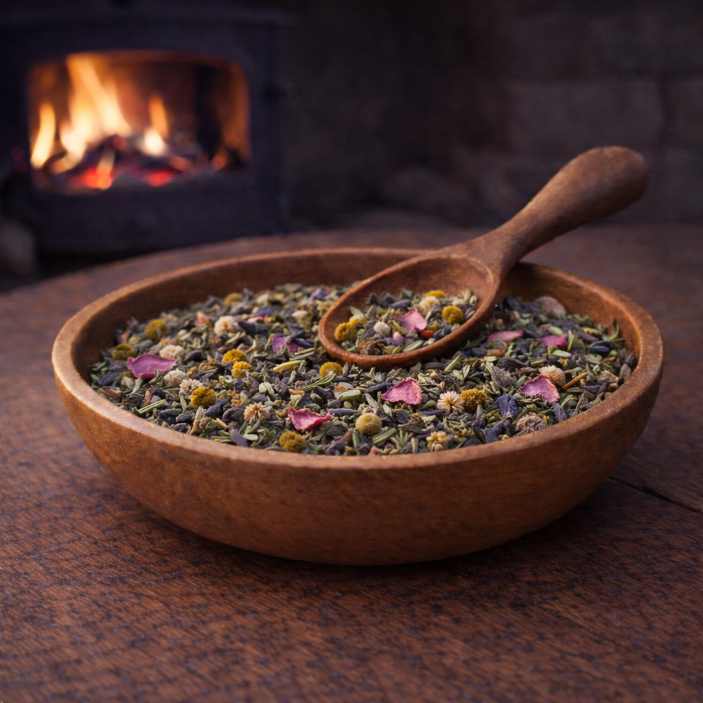 Sweet Dreams herbal tea blend hand blended in a wooden bowl with chamomile flowers, mugwort leaf, lavender buds and rose petals, photographed by a fire log burner in natural light.