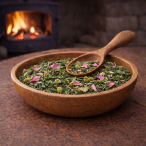Lift and balance herbal tea blend hand blended in a wooden bowl with lemon balm, peppermint, lemon verbena and rose petals, photographed by a fire log burner in natural light.
