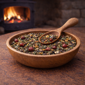 Winter Solstice herbal tea blend hand blended in a wooden bowl with cinnamon chips, whole cloves, mugwort and rose hips, photographed by a fire log burner in natural light.