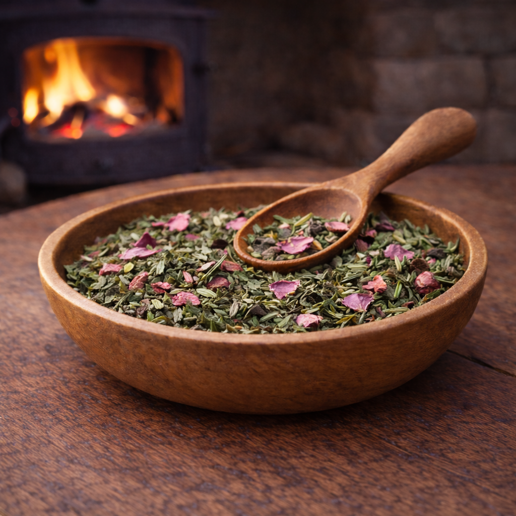 Womb Soothing herbal tea blend hand blended in a wooden bowl with raspberry leaf, mugwort, lemon balm and rose petals, photographed by a fire log burner in natural light.